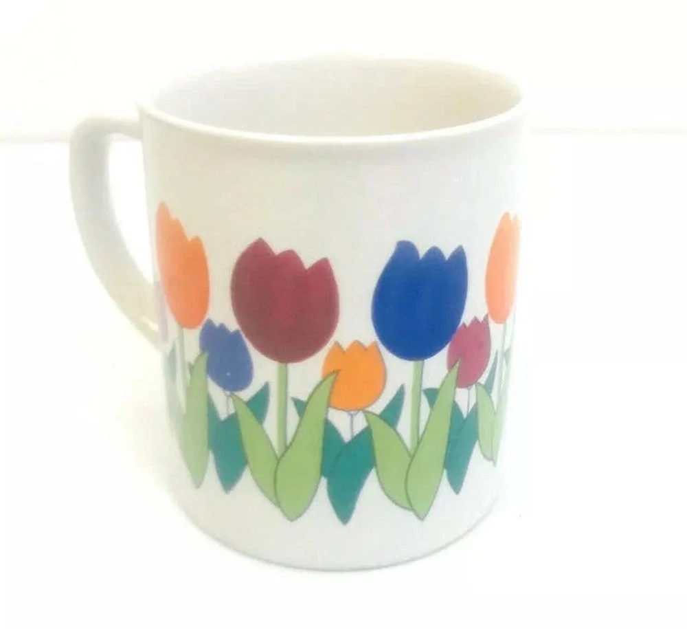 Vintage Coffee Mug Tulips Spring Flowers Cup Blue Red Green Yellow